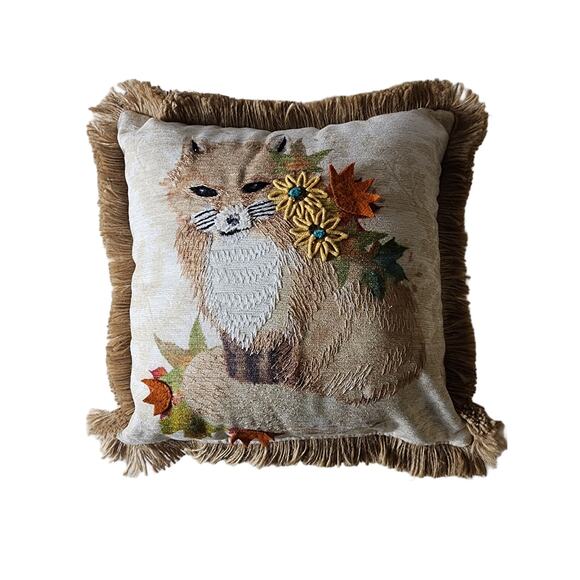 VINTAGE Fox + Flower Embroidered Log Cabin Spare Bedroom 12" Accent Throw Pillow - Picture 1 of 6